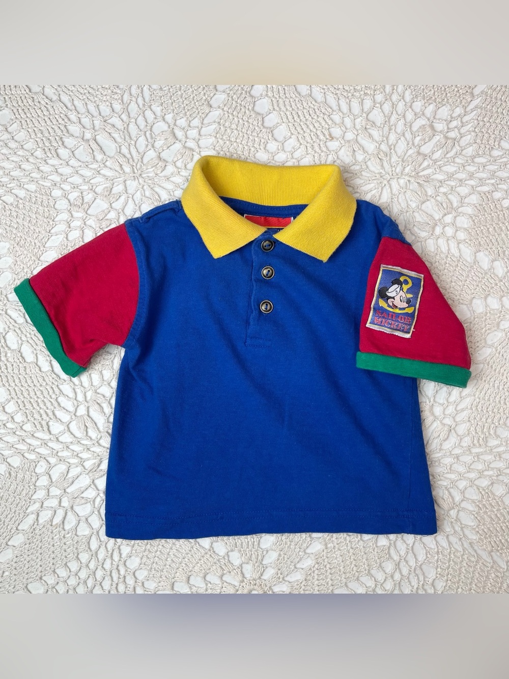 Vintage 1990s Mickey For Kids Boys 2t Colorblock Sailor Patch Short Sleeve Shirt